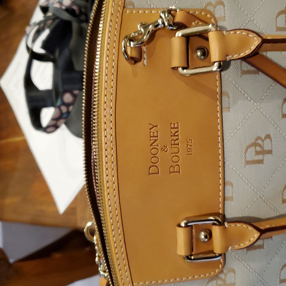 Dooney & Bourke Tassel Tan and Blue Domed Two Handle Satchel Bag - Picture 11 of 15